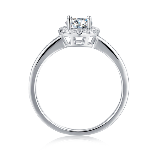 Scintillating Round Moissanite Halo Style with Side shank Mounts Engagement Ring on Sterling Silver