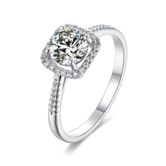 Contemporary Cushion Shape Symphony Round Moissanite Halo Engagement Ring in Sterlng Silver