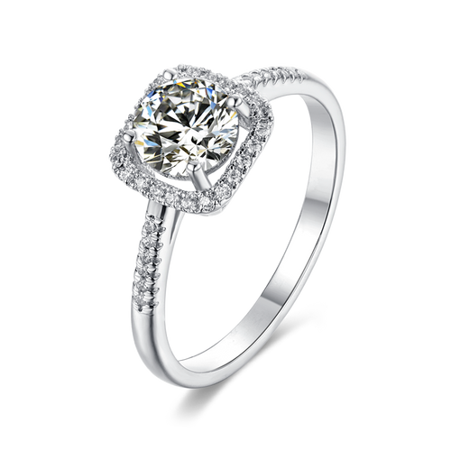 Contemporary Cushion Shape Symphony Round Moissanite Halo Engagement Ring in Sterlng Silver