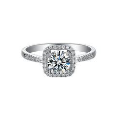 Contemporary Cushion Shape Symphony Round Moissanite Halo Engagement Ring in Sterlng Silver