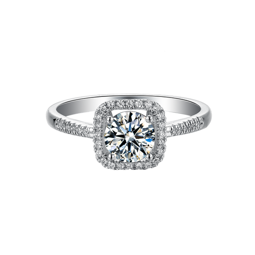 Contemporary Cushion Shape Symphony Round Moissanite Halo Engagement Ring in Sterlng Silver