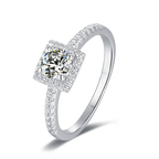 Fulgid Round Moissanite Square Top Halo Style Engagement Ring in Sterling Silver with Studded Side Shank