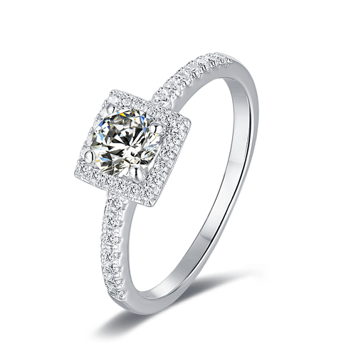 Fulgid Round Moissanite Square Top Halo Style Engagement Ring in Sterling Silver with Studded Side Shank