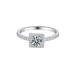 Fulgid Round Moissanite Square Top Halo Style Engagement Ring in Sterling Silver with Studded Side Shank