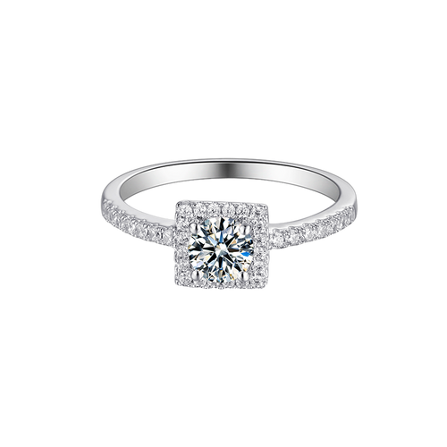 Fulgid Round Moissanite Square Top Halo Style Engagement Ring in Sterling Silver with Studded Side Shank