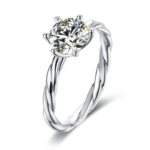 Twist Shank Elegant Six Prong Set Classic Round Solitaire Moissanite Engagement Ring in Sterling Silver