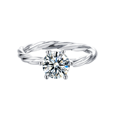 Twist Shank Elegant Six Prong Set Classic Round Solitaire Moissanite Engagement Ring in Sterling Silver