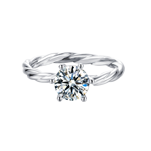 Twist Shank Elegant Six Prong Set Classic Round Solitaire Moissanite Engagement Ring in Sterling Silver