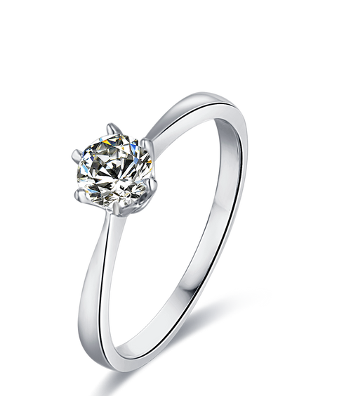 Classic Tapered Shank Six Prong Set Round Solitaire Moissanite Engagement Ring in Sterling Silver