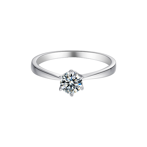 Classic Tapered Shank Six Prong Set Round Solitaire Moissanite Engagement Ring in Sterling Silver