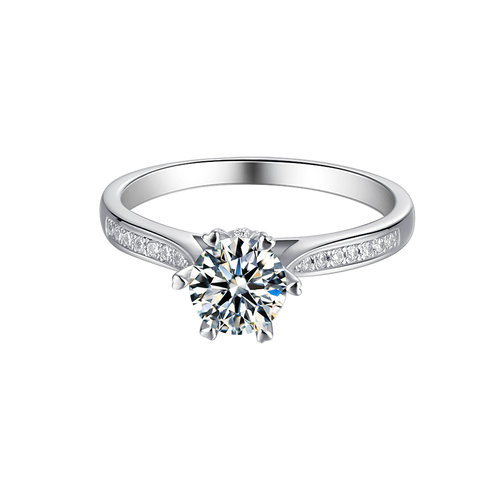 Vintage Style Elite Round Solitaire Moissanite Essence Engagement Ring in Sterling Silver with Side Studded shank