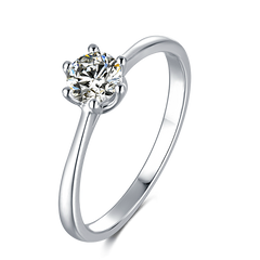 Classic Tapered Shank Six Prong Set Round Solitaire Moissanite Engagement Ring in Sterling Silver