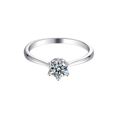 Classic Tapered Shank Six Prong Set Round Solitaire Moissanite Engagement Ring in Sterling Silver