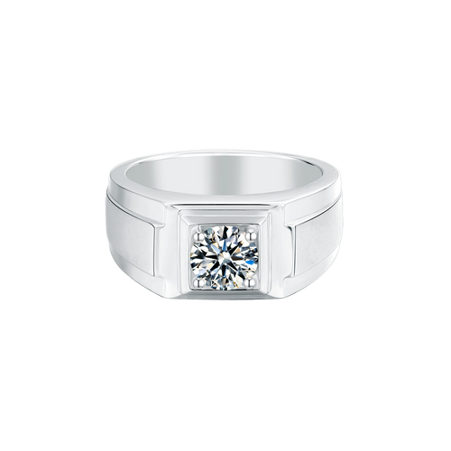 Classic Four-Prong Set Solitaire Round Moissanite Signet Style Men's Ring in Sterling Silver