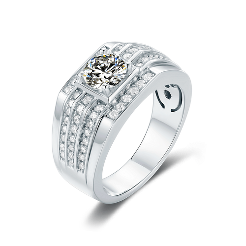 Heavenly Circlet Halo Style Round Moissanite Brilliance Men's Ring in Sterling Silver