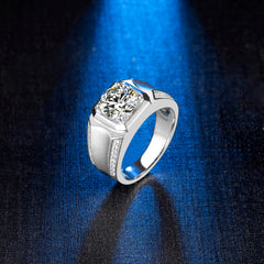 Round Moissanite Four-Prong Set Exquisite Men's Ring on Sterling Silver