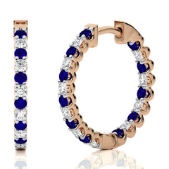 1 CT Sapphire and Round Natural Diamond Inside Out Hoop Earrings