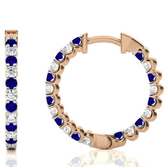 1 CT Sapphire and Round Natural Diamond Inside Out Hoop Earrings