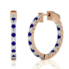 2 CT. Inside  Out Round Natural Diamond and Blue Sapphire Hoop Earrings