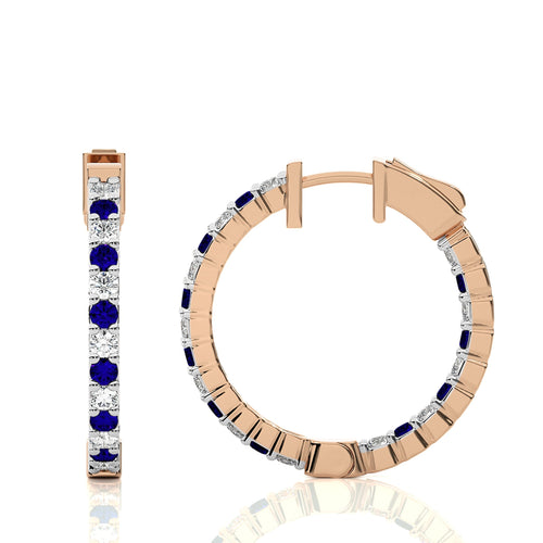 2 CT. Inside  Out Round Natural Diamond and Blue Sapphire Hoop Earrings