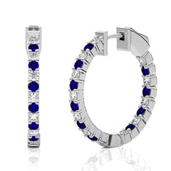 2 CT. Inside  Out Round Natural Diamond and Blue Sapphire Hoop Earrings