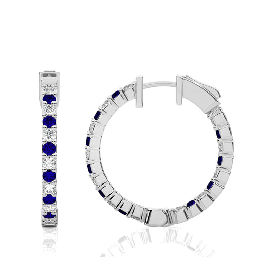 2 CT. Inside  Out Round Natural Diamond and Blue Sapphire Hoop Earrings