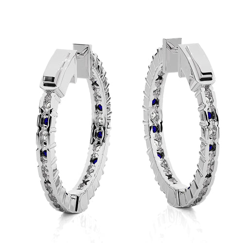 2 CT. Inside  Out Round Natural Diamond and Blue Sapphire Hoop Earrings