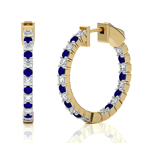 2 CT. Inside  Out Round Natural Diamond and Blue Sapphire Hoop Earrings