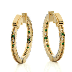 1 3/4 CT. Inside Out Round Natural Diamond and  Emerald  Hoop Earrings