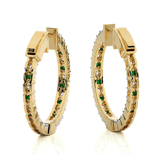 1 3/4 CT. Inside Out Round Natural Diamond and  Emerald  Hoop Earrings