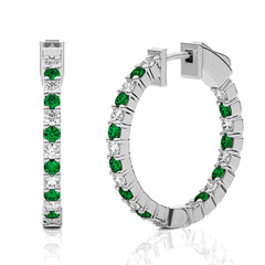 1 3/4 CT. Inside Out Round Natural Diamond and  Emerald  Hoop Earrings