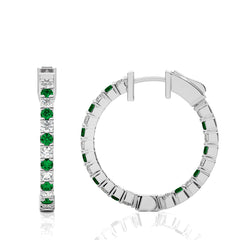1 3/4 CT. Inside Out Round Natural Diamond and  Emerald  Hoop Earrings