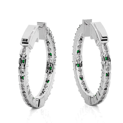 1 3/4 CT. Inside Out Round Natural Diamond and  Emerald  Hoop Earrings