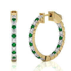 1 3/4 CT. Inside Out Round Natural Diamond and  Emerald  Hoop Earrings