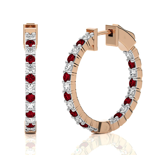 2 CT. Inside Out Round  Natural Diamond and Ruby Hoop Earrings