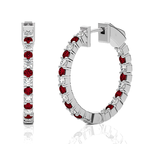 2 CT. Inside Out Round  Natural Diamond and Ruby Hoop Earrings