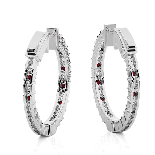 2 CT. Inside Out Round  Natural Diamond and Ruby Hoop Earrings