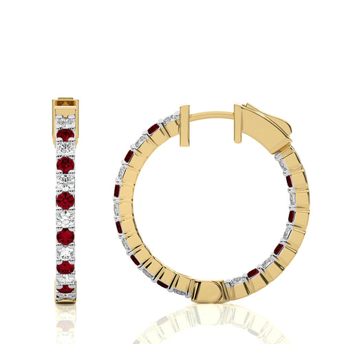 2 CT. Inside Out Round  Natural Diamond and Ruby Hoop Earrings