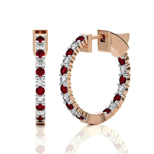 1 1/2 CT. Inside Out Round  Natural Diamond and Ruby Hoop Earrings