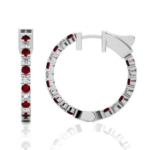 1 1/2 CT. Inside Out Round  Natural Diamond and Ruby Hoop Earrings