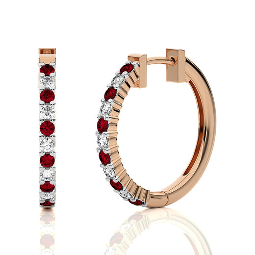 1/2 CT. Round Natural Diamond and Ruby Eternity Hoop Earrings