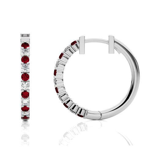 1/2 CT. Round Natural Diamond and Ruby Eternity Hoop Earrings