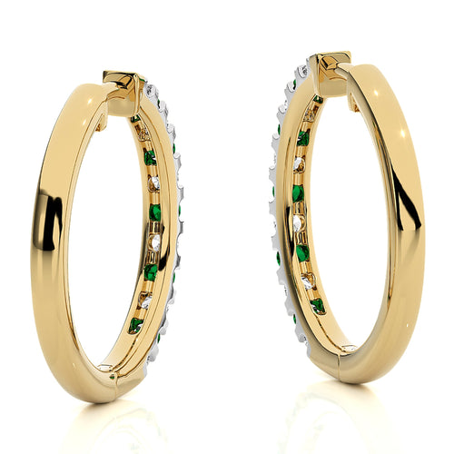 7/8 CT. Round Emerald and Natural Diamond Eternity Hoop Earrings