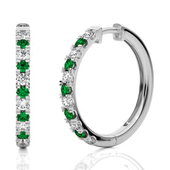 7/8 CT. Round Emerald and Natural Diamond Eternity Hoop Earrings