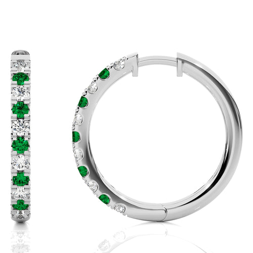 7/8 CT. Round Emerald and Natural Diamond Eternity Hoop Earrings