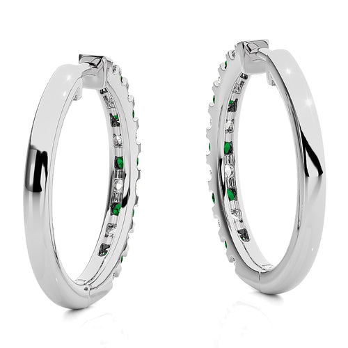 7/8 CT. Round Emerald and Natural Diamond Eternity Hoop Earrings