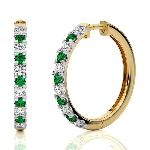 7/8 CT. Round Emerald and Natural Diamond Eternity Hoop Earrings