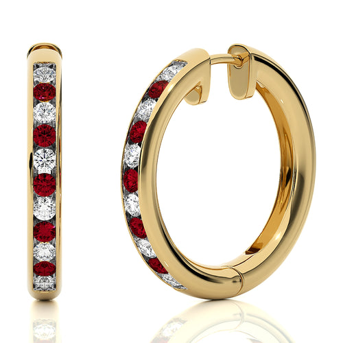 1 CT. Ruby and Round Natural Diamond Eternity Hoop Earrings