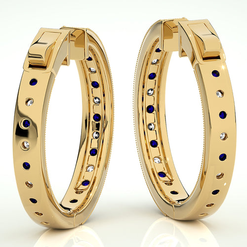 2 CT. Round Natural Diamond and Blue Sapphire Inside Out Hoop Earrings