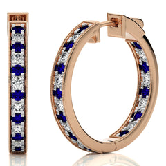 2 CT. Round Natural Diamond and Blue Sapphire Inside Out Hoop Earrings